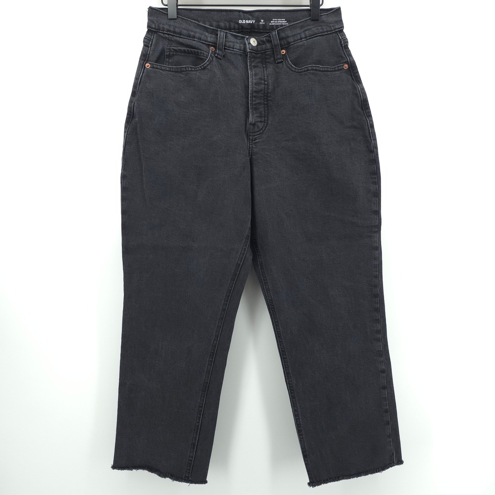 Old Navy Womens Jeans Sky-Hi Straight 12 Petite Black Raw Hem Extra High Rise
